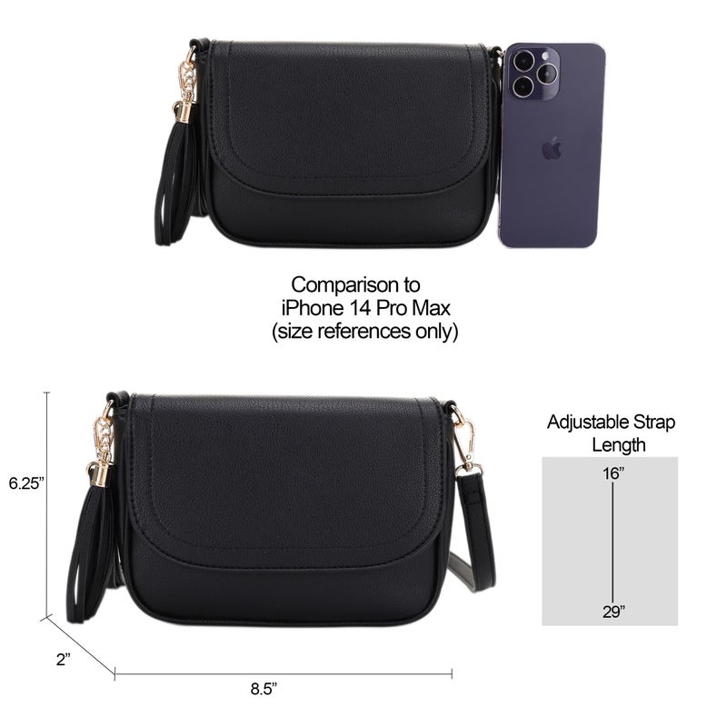 EVVE Small Crossbody Bag for Women Trendy Flap Saddle Purses with Tassel and Adjustable Shoulder Strap - Black - Image 5