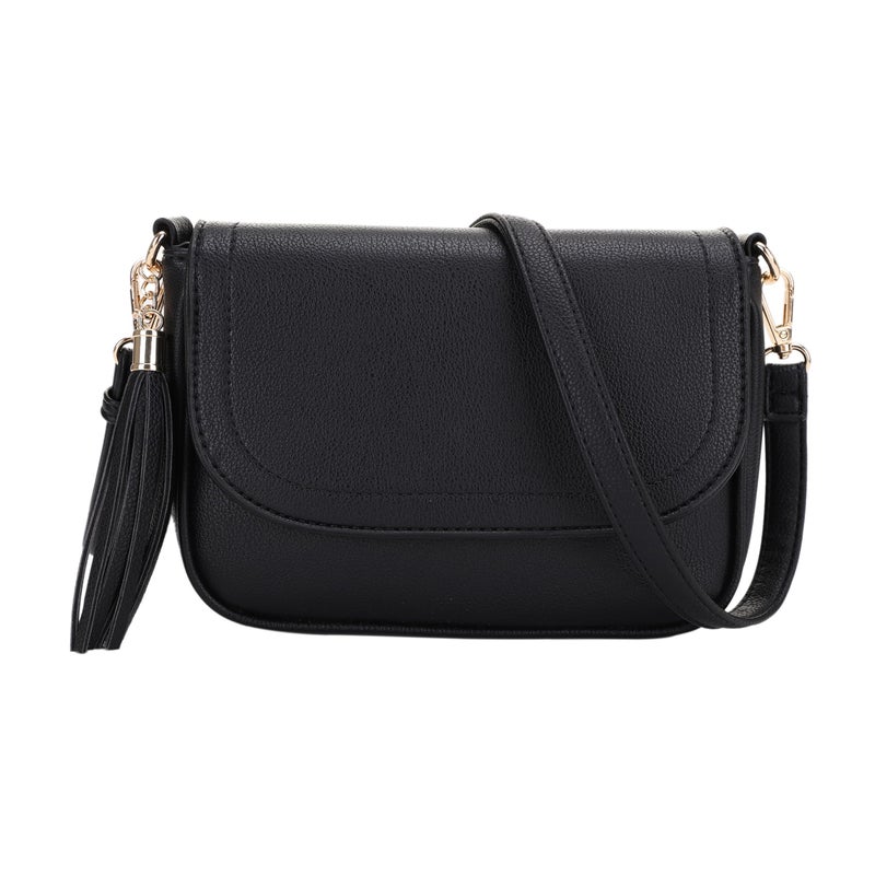EVVE Small Crossbody Bag for Women Trendy Flap Saddle Purses with Tassel and Adjustable Shoulder Strap - Black - Image 1