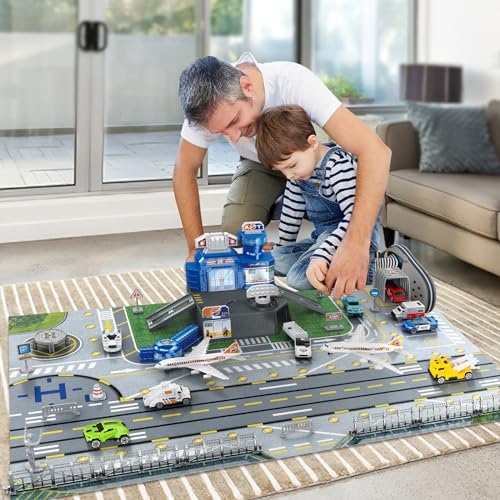 deAO Airplane Toys for Kids with Trucks, Helicopter,Planes, Signs,Fire Trucks Race Cars and Airport Playmat,Great Military Toys Gift for 3 4 5 6 Boys Girls Kids - Image 2