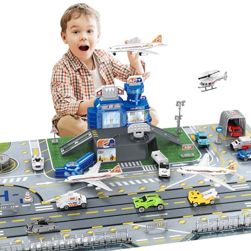 deAO Airplane Toys for Kids with Trucks, Helicopter,Planes, Signs,Fire Trucks Race Cars and Airport Playmat,Great Military Toys Gift for 3 4 5 6 Boys Girls Kids - Image 1