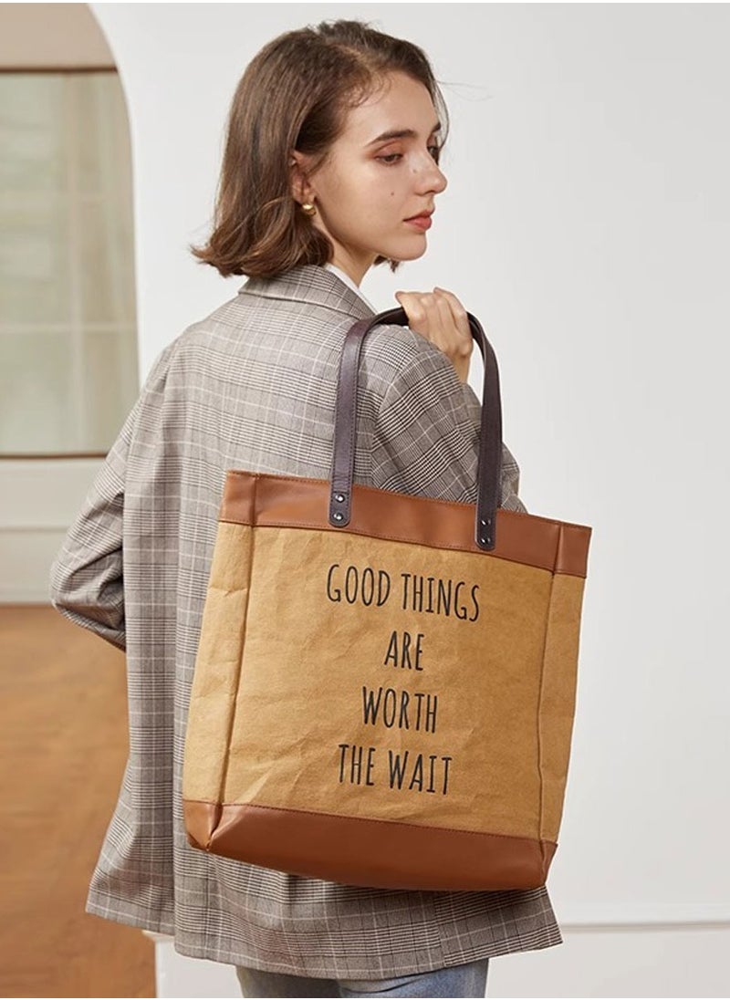 JML - Original niche shoulder kraft paper tote bag large capacity female college students class commuting handbag - Image 1