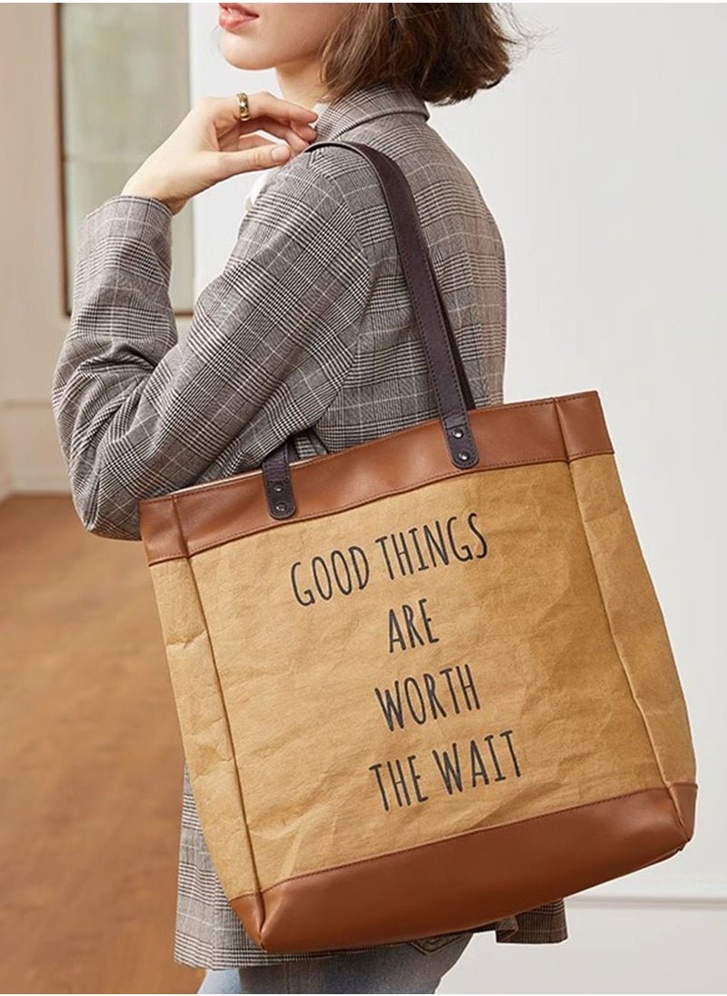 JML - Original niche shoulder kraft paper tote bag large capacity female college students class commuting handbag - Image 1