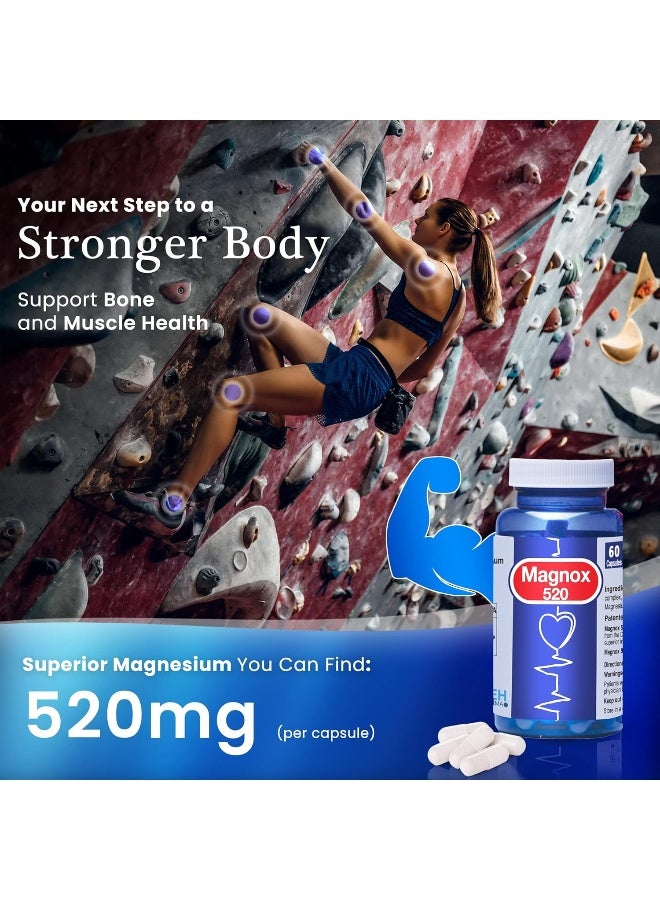 MAGNOX 520 Magnesium Supplement Kosher, Vegan & Gluten Free Magnesium Supplements For Men & Women High Absorption Magnesium For Sleep & Muscle Pain Relief, 1 Dose A Day 60 Magnesium Caps, 520Mg - Image 4