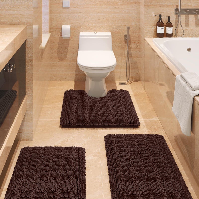 ACCUMTEK Striped Brown Bathroom Rug Set 3 Pieces Ultra Soft Non Slip Chenille Toilet Mat Absorbent Plush Shaggy Bath Mats for Bathroom Bedroom Kitchen