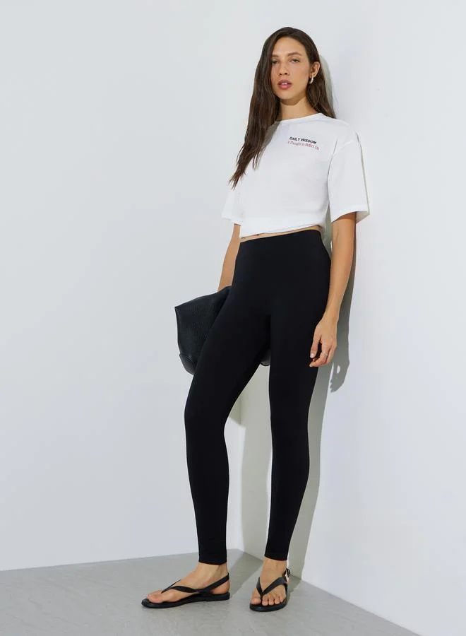 Styli Black Solid Cotton Blend Leggings