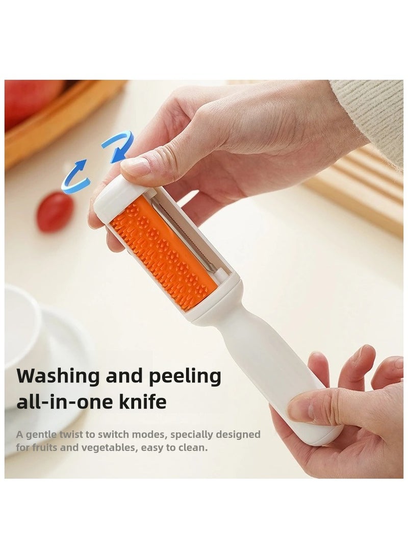 SOUQORA - 2 in 1 Multifunctional Vegetable Peeler, Paring Knife with Cleaning Brush, New Multifunctional Veggie Peeler Swivel Vegetable Peeler Potato Peelers Kitchen Food Peelers,2024 Upgraded Potato Peeler Swivel Peeler and Knife for Fruits and Vegetables, Veggie Peeler for Melon Carrot (White)17.8x3.6x2.8cm - Image 1
