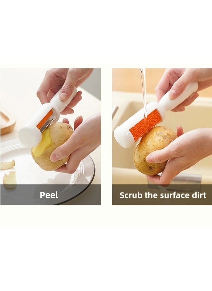SOUQORA - 2 in 1 Multifunctional Vegetable Peeler, Paring Knife with Cleaning Brush, New Multifunctional Veggie Peeler Swivel Vegetable Peeler Potato Peelers Kitchen Food Peelers,2024 Upgraded Potato Peeler Swivel Peeler and Knife for Fruits and Vegetables, Veggie Peeler for Melon Carrot (White)17.8x3.6x2.8cm - Image 1