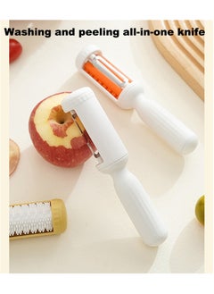 2 in 1 Multifunctional Vegetable Peeler, Paring Knife with Cleaning Brush, New Multifunctional Veggie Peeler Swivel Vegetable Peeler Potato Peelers Kitchen Food Peelers,2024 Upgraded Potato Peeler Swivel Peeler and Knife for Fruits and Vegetables, Veggie Peeler for Melon Carrot (White)17.8x3.6x2.8cm