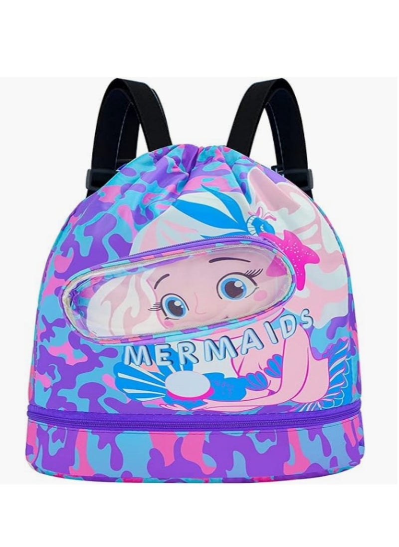 Generic Drawstring Bag, Swim Bag Waterproof Backpack Swim Bags for Swimmers Kids Swim Beach Bag Pull String Cinch Bag Girls Mermaid Cartoon Printed Cute Sport Backpack with Dry-wet Separate  - Image 1