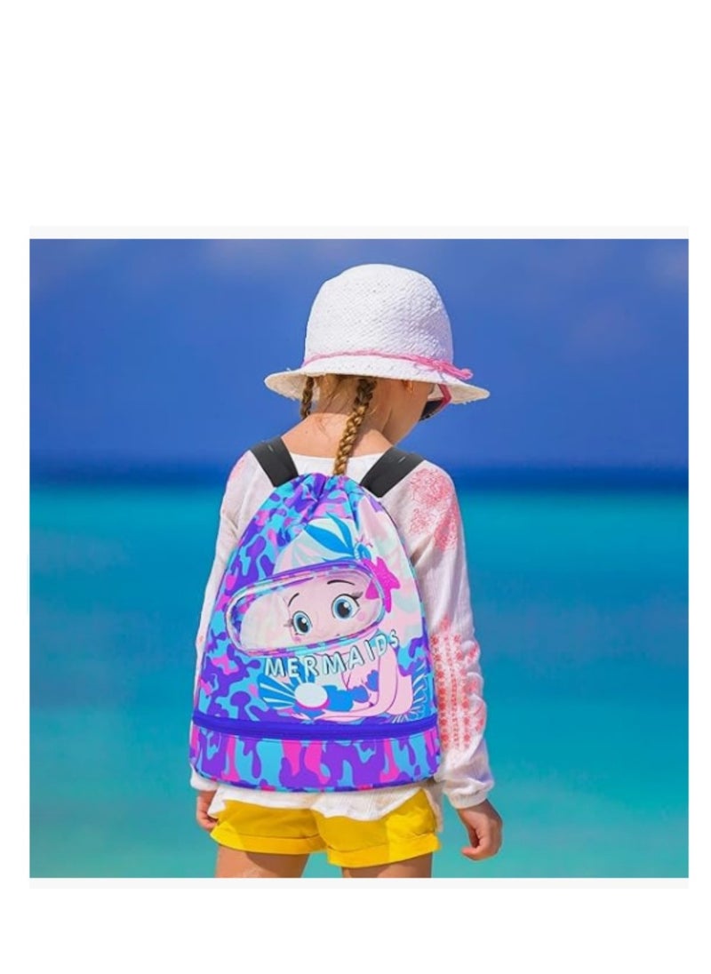 Generic Drawstring Bag, Swim Bag Waterproof Backpack Swim Bags for Swimmers Kids Swim Beach Bag Pull String Cinch Bag Girls Mermaid Cartoon Printed Cute Sport Backpack with Dry-wet Separate  - Image 5