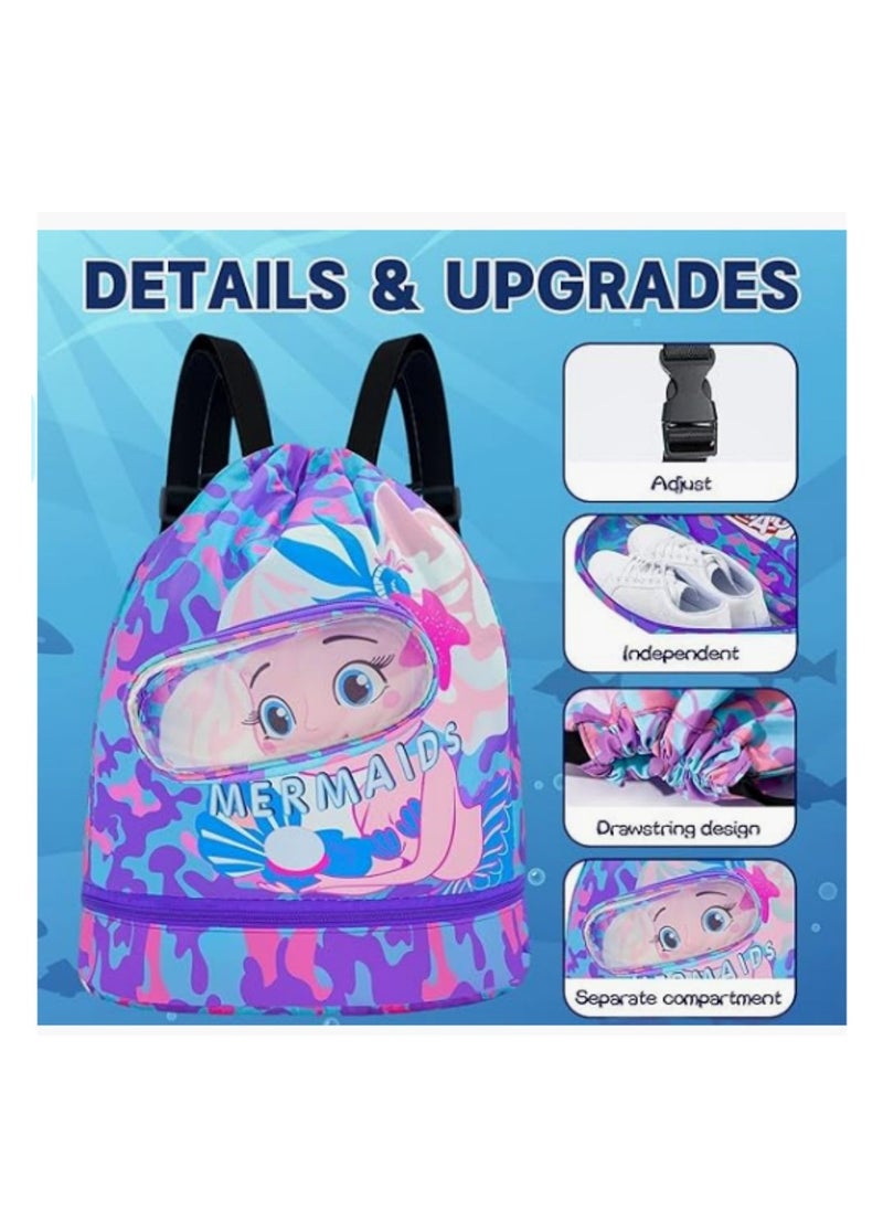 Generic Drawstring Bag, Swim Bag Waterproof Backpack Swim Bags for Swimmers Kids Swim Beach Bag Pull String Cinch Bag Girls Mermaid Cartoon Printed Cute Sport Backpack with Dry-wet Separate  - Image 3
