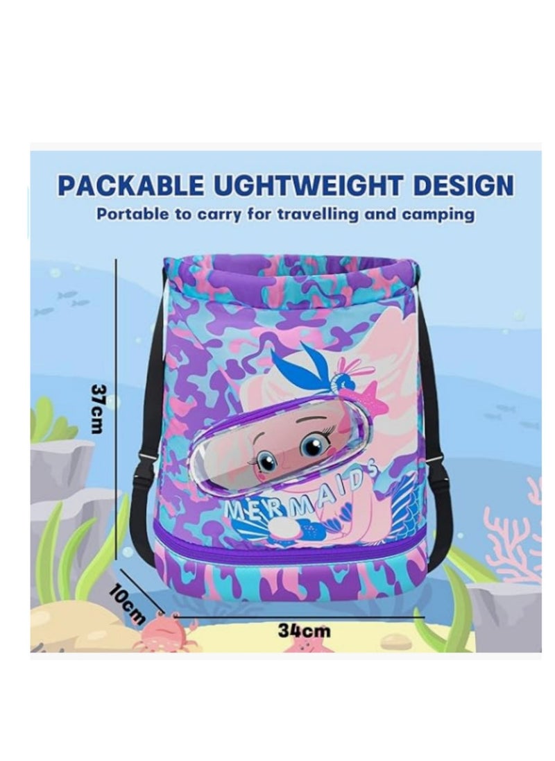 Generic Drawstring Bag, Swim Bag Waterproof Backpack Swim Bags for Swimmers Kids Swim Beach Bag Pull String Cinch Bag Girls Mermaid Cartoon Printed Cute Sport Backpack with Dry-wet Separate  - Image 2