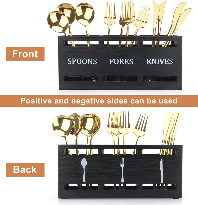 Ayiaren Wooden Silverware Caddies Flatware Cutlery Holder Wood Silverware Organizer Containers Black Kitchen Utensil Holder for Countertop Spoon and Fork Holder Flatware Utensils Caddy for Party - Image 4