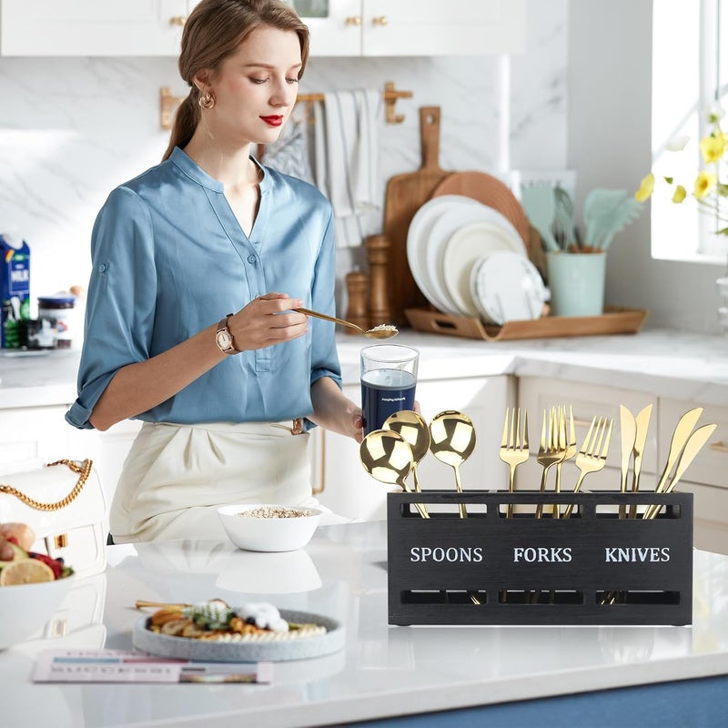 Ayiaren Wooden Silverware Caddies Flatware Cutlery Holder Wood Silverware Organizer Containers Black Kitchen Utensil Holder for Countertop Spoon and Fork Holder Flatware Utensils Caddy for Party - Image 3