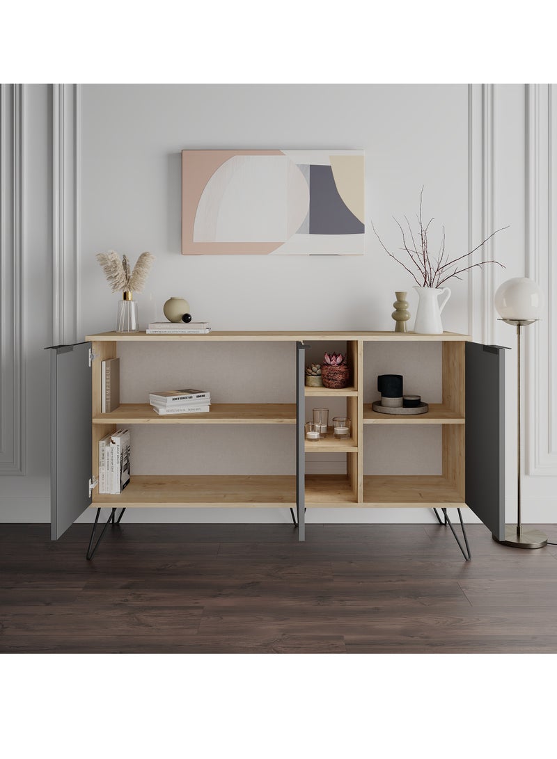 موراه خزانة جانبية عصرية بثلاثة أبواب وأرجل مرتفعة من موراه هوم كلارا كونسول - مساحة تخزين مفتوحة - خزانة تخزين لغرفة المعيشة، الصالة، غرفة الطعام، المطبخ - 35.6×83×142 سم (لون خشب البلوط/رمادي داكن) - Image 3