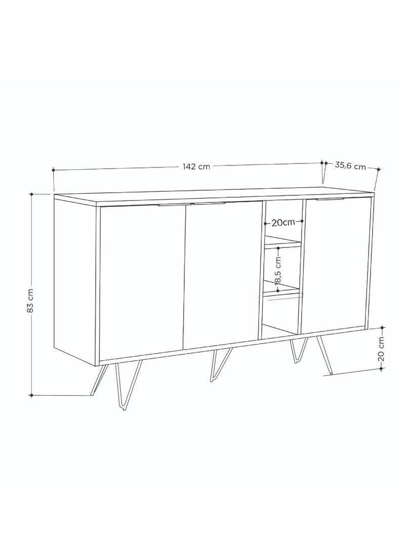 موراه خزانة جانبية عصرية بثلاثة أبواب وأرجل مرتفعة من موراه هوم كلارا كونسول - مساحة تخزين مفتوحة - خزانة تخزين لغرفة المعيشة، الصالة، غرفة الطعام، المطبخ - 35.6×83×142 سم (لون خشب البلوط/رمادي داكن) - Image 4