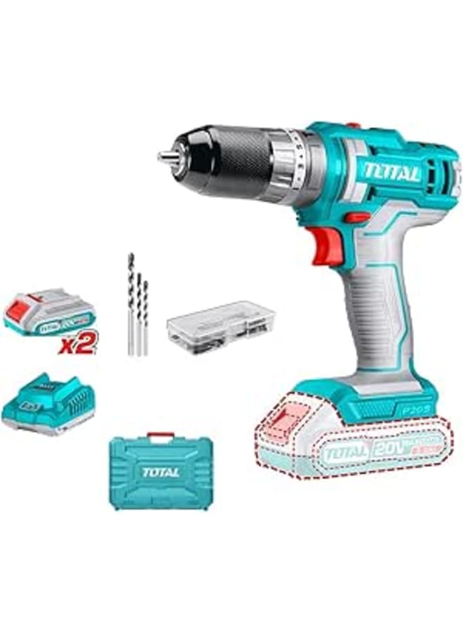 Total Lithium-Ion cordless drill 20V 2A Mechanical 2-speed gear 45NM Spindle lock function Metal chuck - TIDLI201452