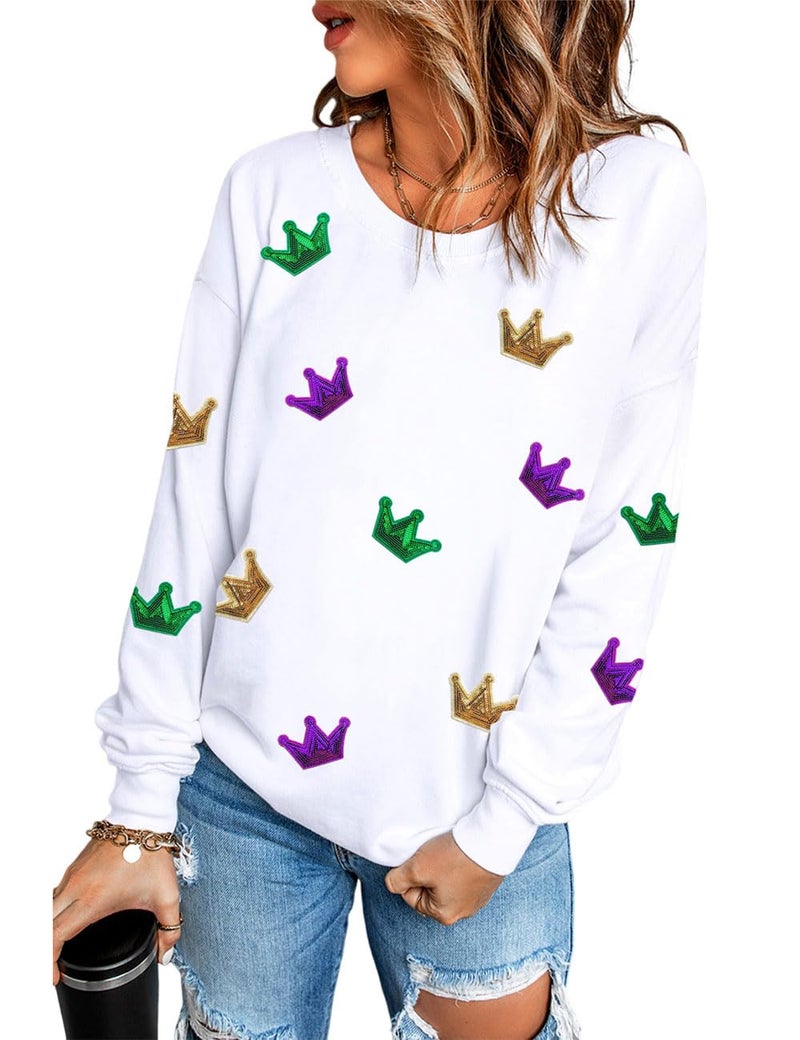 Ecosunny Women's White Mardi Gras Crown Sequined Patch Sweatshirt Round Neck Long Sleeve Casual Print Holiday Tops - Image 1