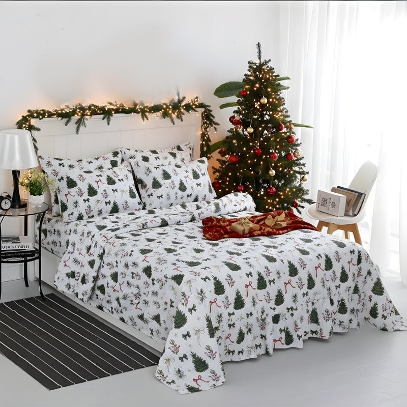 سيجنولا طقم ملايات سيجنولا بنقشة شجرة الكريسماس 🎄 – تصميم أعياد الميلاد (Xmas) – طقم سرير مكوّن من 4 قطع – ناعم ومريح، مقاوم للتجعد، ويدّي إحساس لطيف بالتهوية – مناسب للشتاء – يناسب السيدات والرجال والأطفال – مقاس كينج 240 × 260 سم - Image 1