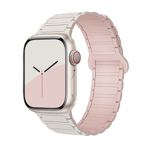 GUOi® Magnetic Silicone Watchband Compatible with Apple Watch Ultra 2＆Ultra 49mm 45mm 44mm 42mm 46mm-Men&Women Strap for iWatch Se10/9/8/7/6/5/4/3/2/1 SE 46/44/45/49/42mm(Series 3/2/1)-White+Pink - Image 1