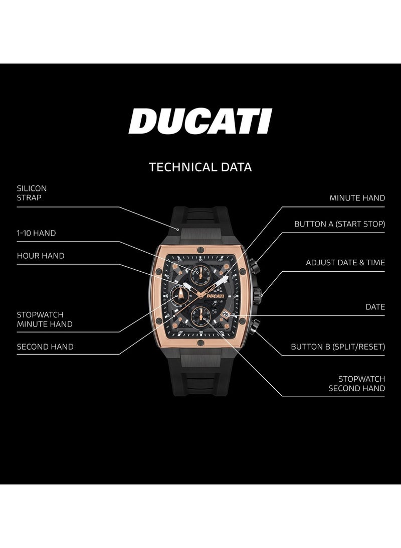 Ducati ساعة كرونوغراف للرجال بقرص أسود، مع لمسات جريئة من الذهب الوردي، حزام سيليكون DTWGO0001301 - 40 مم - Image 4