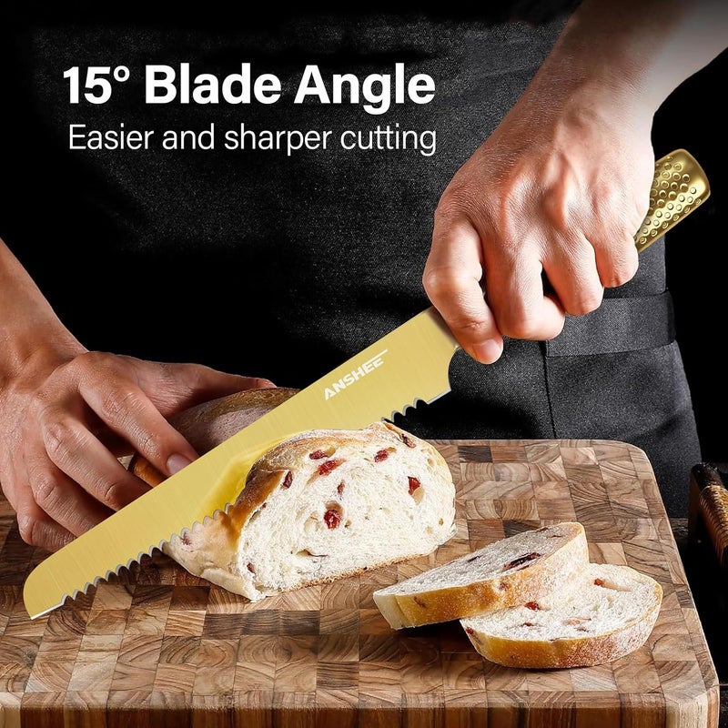 anshee 8 Inch Japanese Bread Knife Gold-Colored High Carbon Steel Serrated Blade,Sheath&Gift Box,Razor Sharp Edge for Sourdough,Baguettes&Cakes,Professional Knife for Bakers(Home&Restaurants) - Image 2