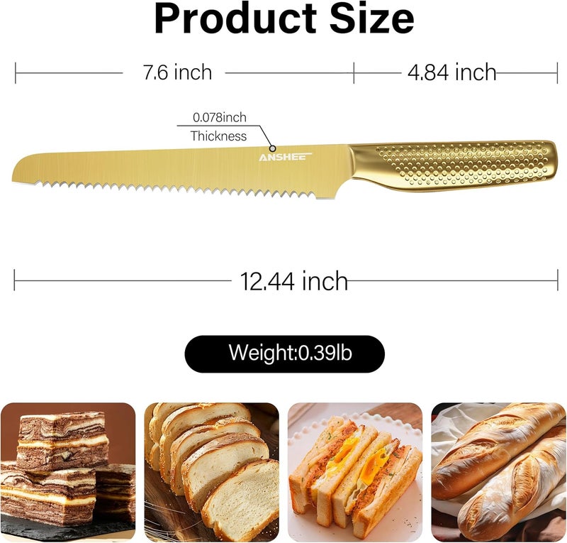 anshee 8 Inch Japanese Bread Knife Gold-Colored High Carbon Steel Serrated Blade,Sheath&Gift Box,Razor Sharp Edge for Sourdough,Baguettes&Cakes,Professional Knife for Bakers(Home&Restaurants) - Image 3