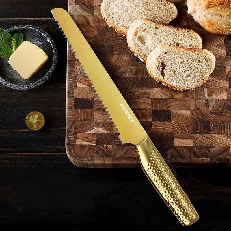 anshee 8 Inch Japanese Bread Knife Gold-Colored High Carbon Steel Serrated Blade,Sheath&Gift Box,Razor Sharp Edge for Sourdough,Baguettes&Cakes,Professional Knife for Bakers(Home&Restaurants) - Image 4