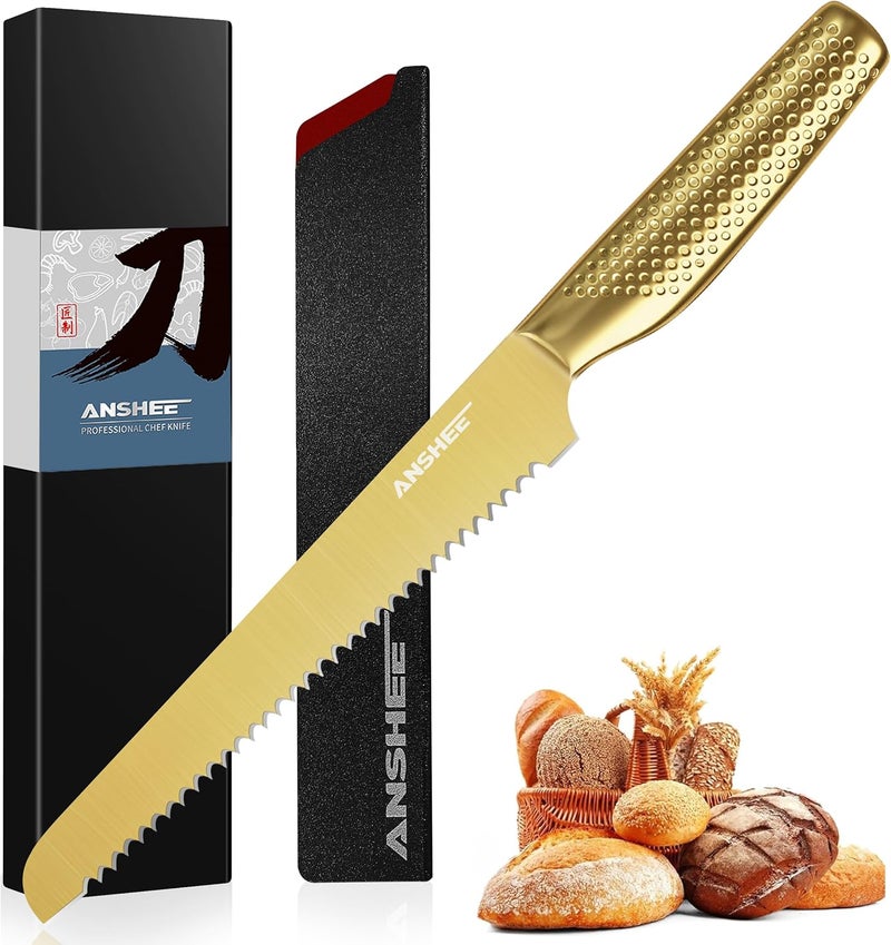 anshee 8 Inch Japanese Bread Knife Gold-Colored High Carbon Steel Serrated Blade,Sheath&Gift Box,Razor Sharp Edge for Sourdough,Baguettes&Cakes,Professional Knife for Bakers(Home&Restaurants) - Image 1