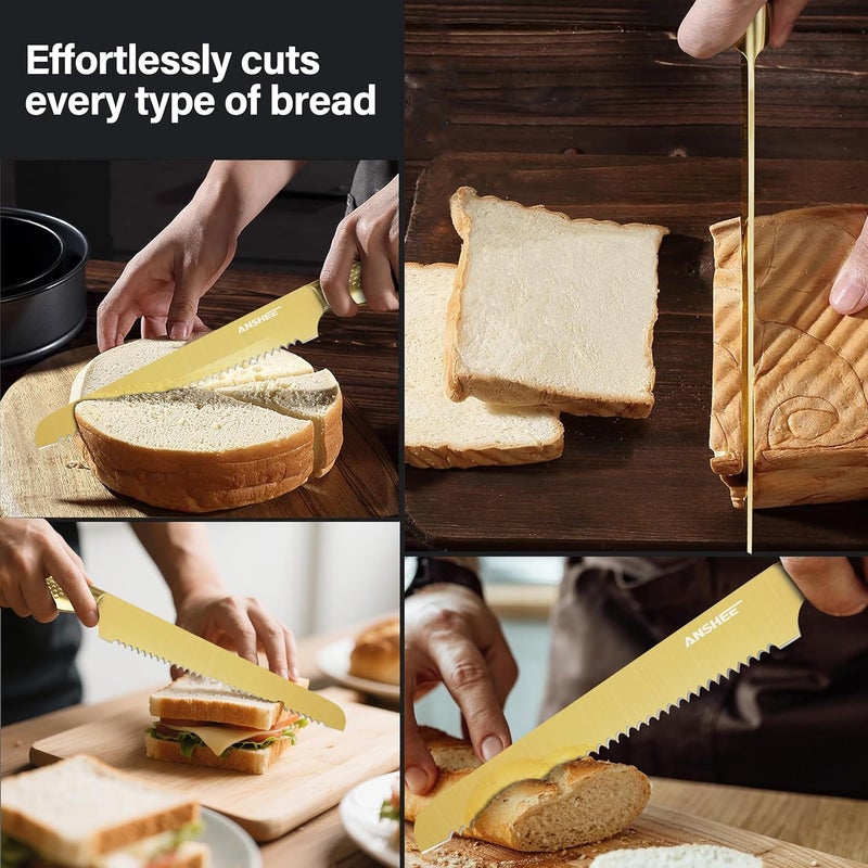 anshee 8 Inch Japanese Bread Knife Gold-Colored High Carbon Steel Serrated Blade,Sheath&Gift Box,Razor Sharp Edge for Sourdough,Baguettes&Cakes,Professional Knife for Bakers(Home&Restaurants) - Image 5