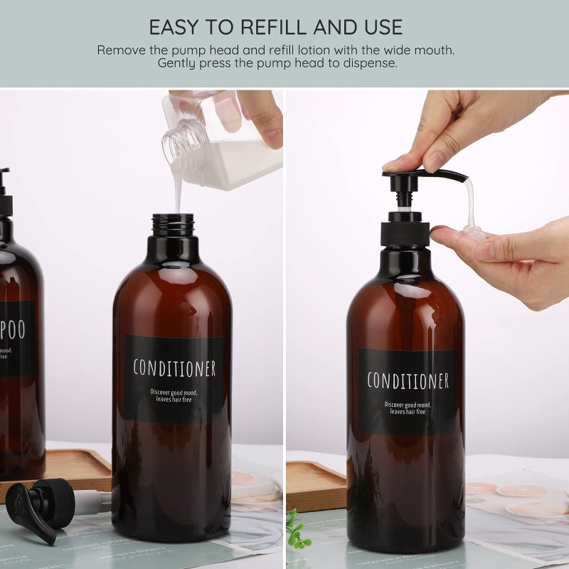 Segbeauty 32oz Shampoo Bottle, Empty Shampoo and Conditioner Bottle with Pump, 3pcs 1Liter Shampoo Dispenser Bottle for Body Soap Conditioner, Labeled Brown Plastic Press Dispenser Refillable - Image 4