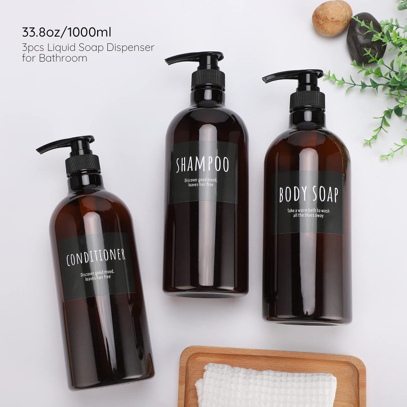Segbeauty 32oz Shampoo Bottle, Empty Shampoo and Conditioner Bottle with Pump, 3pcs 1Liter Shampoo Dispenser Bottle for Body Soap Conditioner, Labeled Brown Plastic Press Dispenser Refillable - Image 5