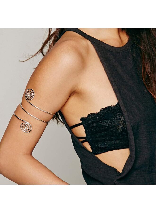 مجموعة أساور نسائية مكونة من 6 قطع، أساور للذراع، أساور للذراع العلوي، أساور نسائية فضية وذهبية قابلة للتعديل (فضية) - Image 2