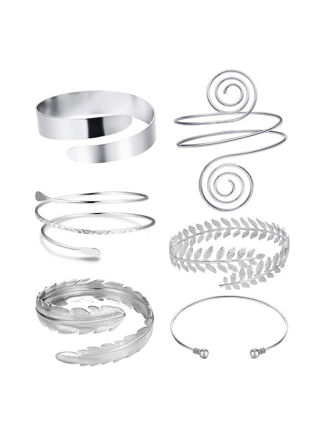 مجموعة أساور نسائية مكونة من 6 قطع، أساور للذراع، أساور للذراع العلوي، أساور نسائية فضية وذهبية قابلة للتعديل (فضية) - Image 1