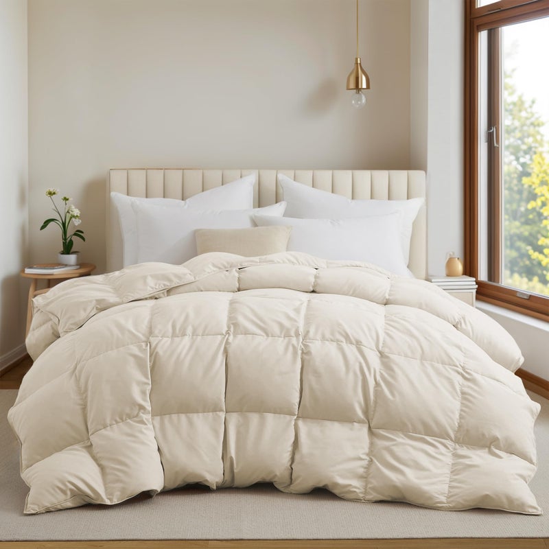 UNIKOME Goose Feather Down Fiber Comforter King Size, All Season Duvet Insert with Soft Downproof Cover, Cloud-Like Fluffiness Bed Comforters with Corner Tabs (King, Cream, 88"X104") - Image 1