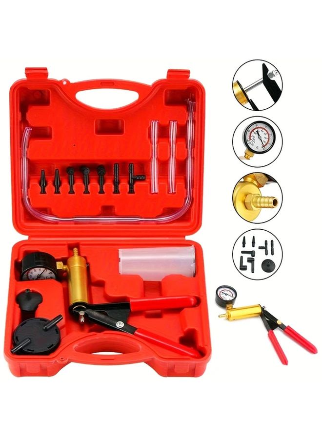 1 Set Manual Vacuum Pump Set Red Dual Purpose Handheld Vacuum Suction Gun With Pressure Gauge For Automotive Brake Fluid Replacement Vacuum Testing Brake Bleeder Clutch Bleeding Tool Kit - Image 1