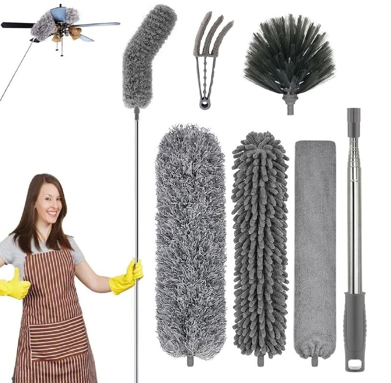 Clyton 6pcs set Microfiber Feather Dusters with 100 inch Extendable Long rod Bendable Duster for High Ceiling Cleaning Fan Spider Webs Blinds Furniture Under Appliances gap dust Cleaner Reusable Washable - Image 1