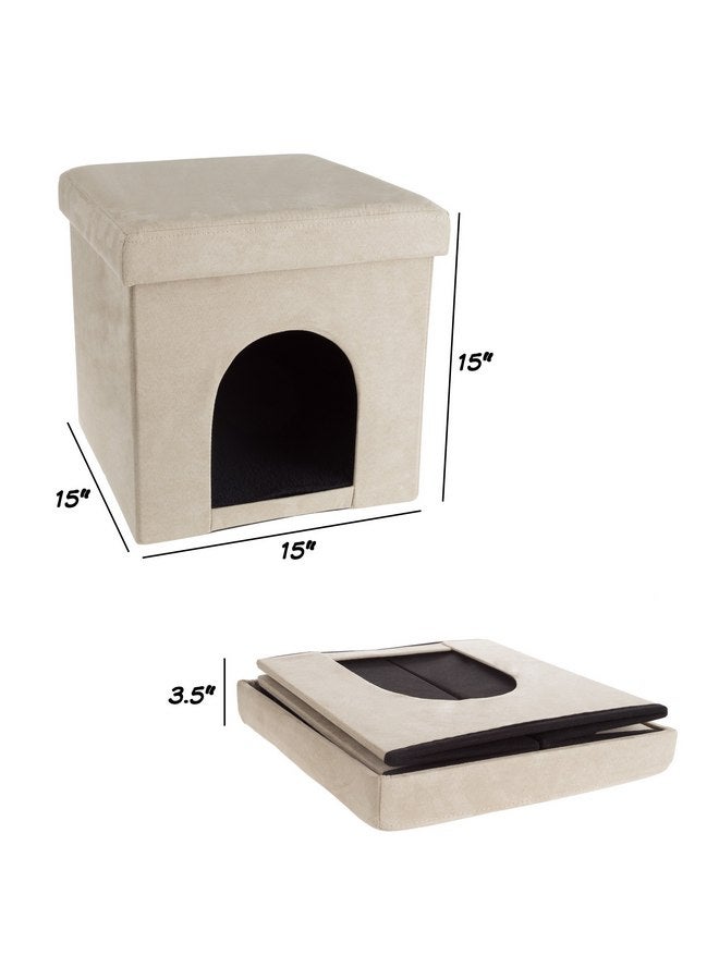 PETMAKER Pet House Ottoman - Collapsible Multipurpose Small Dog or Cat Bed Cube and Footrest with Cushion Top and Interior Pillow by PETMAKER (Microsuede Tan) - Image 2