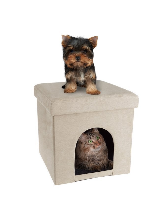 PETMAKER Pet House Ottoman - Collapsible Multipurpose Small Dog or Cat Bed Cube and Footrest with Cushion Top and Interior Pillow by PETMAKER (Microsuede Tan) - Image 1