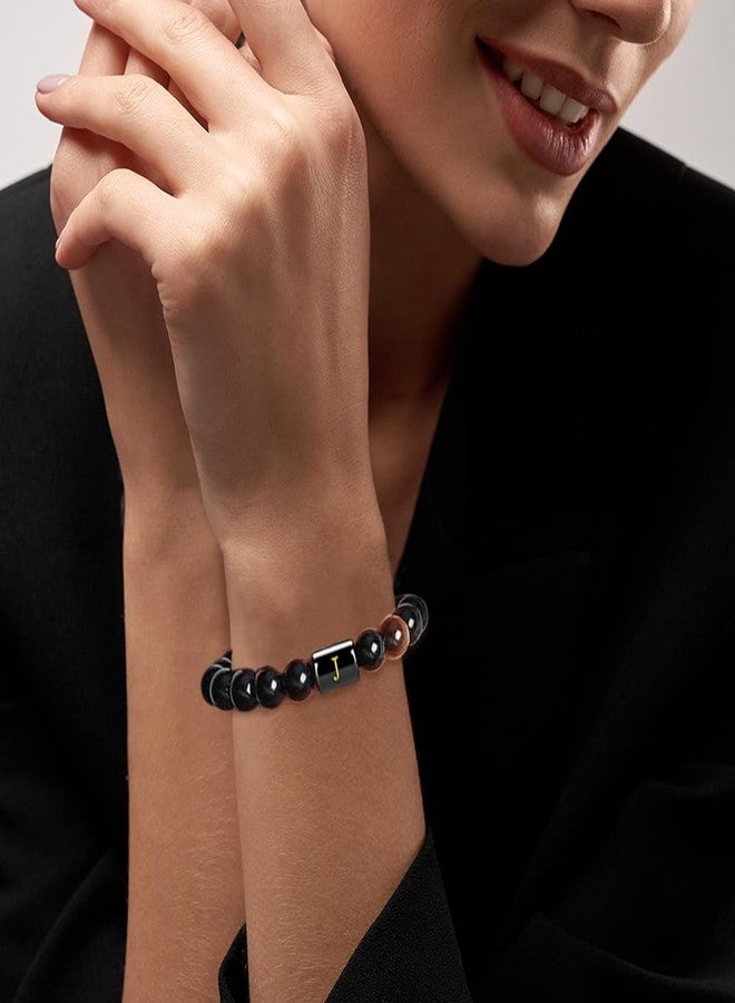 Dhdgzq Initials Bracelets for Men Letter Link Handmade Natural Black Onyx Tiger Eye Stone Beads Braided Rope Meaningful Bracelet,for Men Women Jewelry Gifts - Image 2