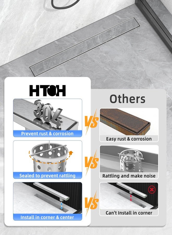 HTOH Shower Drain Offset for Bathroom: 24-Inch Brushed Nickel Linear Shower Drain with Removable Tile Insert Grate - 304 Stainless Steel Rectangular Shower Floor Drain Side Outlet with Hair Catcher - Image 3