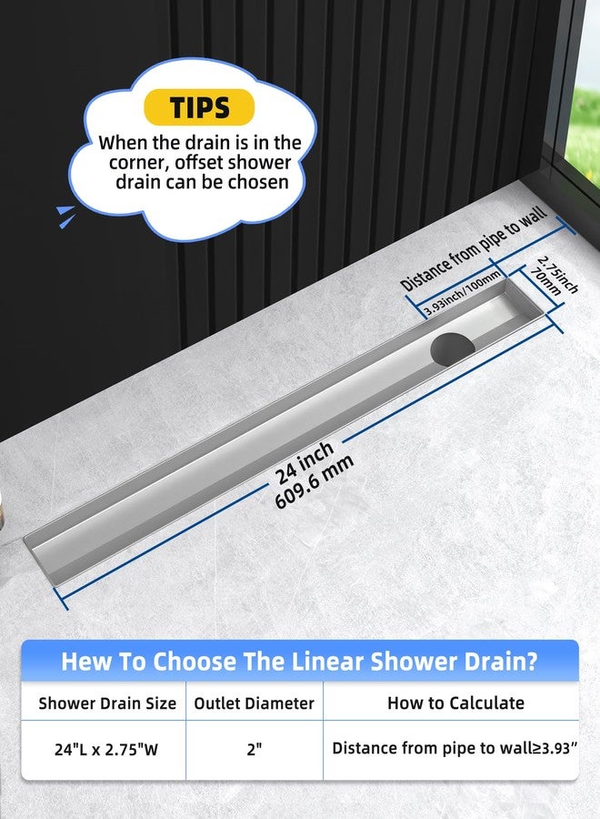 HTOH Shower Drain Offset for Bathroom: 24-Inch Brushed Nickel Linear Shower Drain with Removable Tile Insert Grate - 304 Stainless Steel Rectangular Shower Floor Drain Side Outlet with Hair Catcher - Image 5