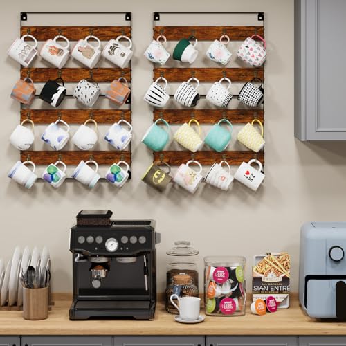 Huxitocan Rustic Wood Coffee Mug Rack - Wall Mount Cup Holder Shelf Storage for Kitchen, Home, Bar, Office (4 Pack, Holds 32 Mugs) - Image 5