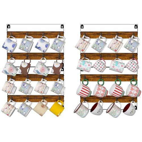 Huxitocan Rustic Wood Coffee Mug Rack - Wall Mount Cup Holder Shelf Storage for Kitchen, Home, Bar, Office (4 Pack, Holds 32 Mugs) - Image 1