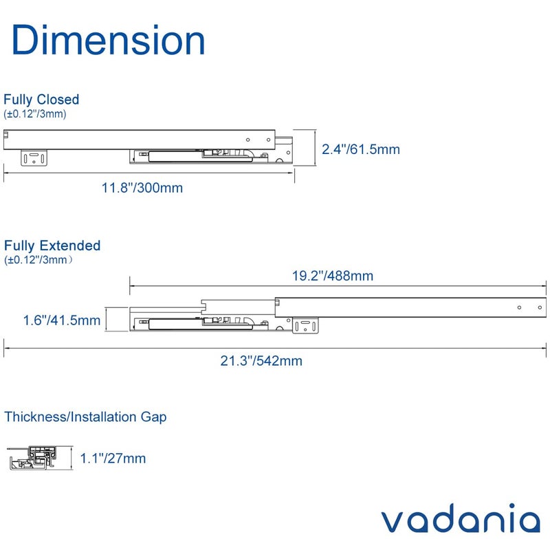VADANIA 12" Undermount Drawer Slide, Soft Close, Bottom Mounted & Bottom Support, 88 lb Load Capacity, 3-Fold Full Extension, Invisible Drawer Slies,1 Pair(2-Pack) - Image 5