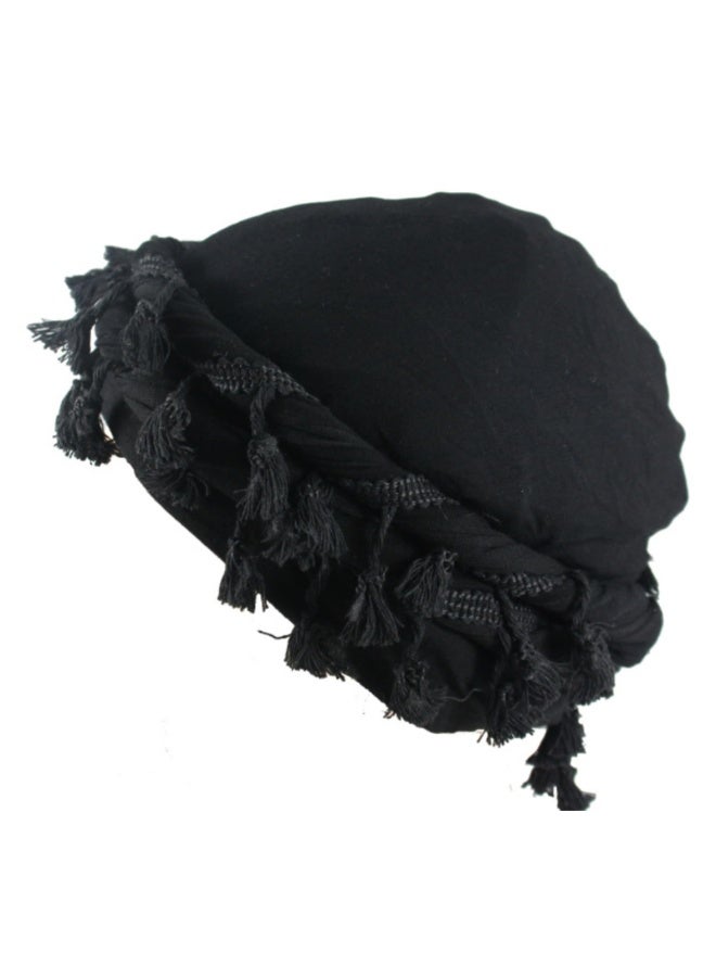 Men's Black Satin Lined Turban Head Wrap with Tassel Trim, Pre-Tied Stretch Sleeping Durag Cap - Image 1