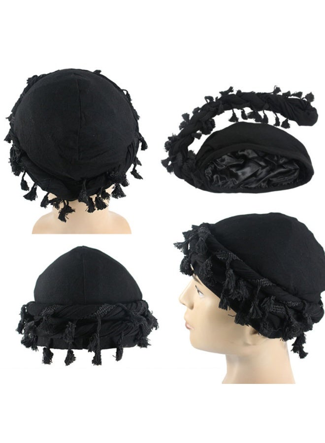 Men's Black Satin Lined Turban Head Wrap with Tassel Trim, Pre-Tied Stretch Sleeping Durag Cap - Image 2