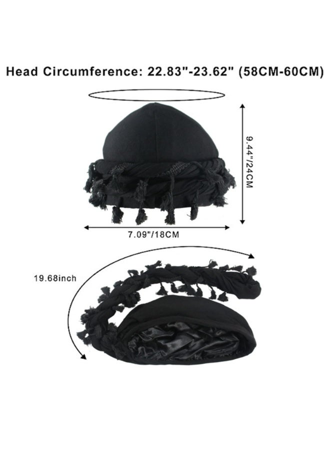 Men's Black Satin Lined Turban Head Wrap with Tassel Trim, Pre-Tied Stretch Sleeping Durag Cap - Image 3