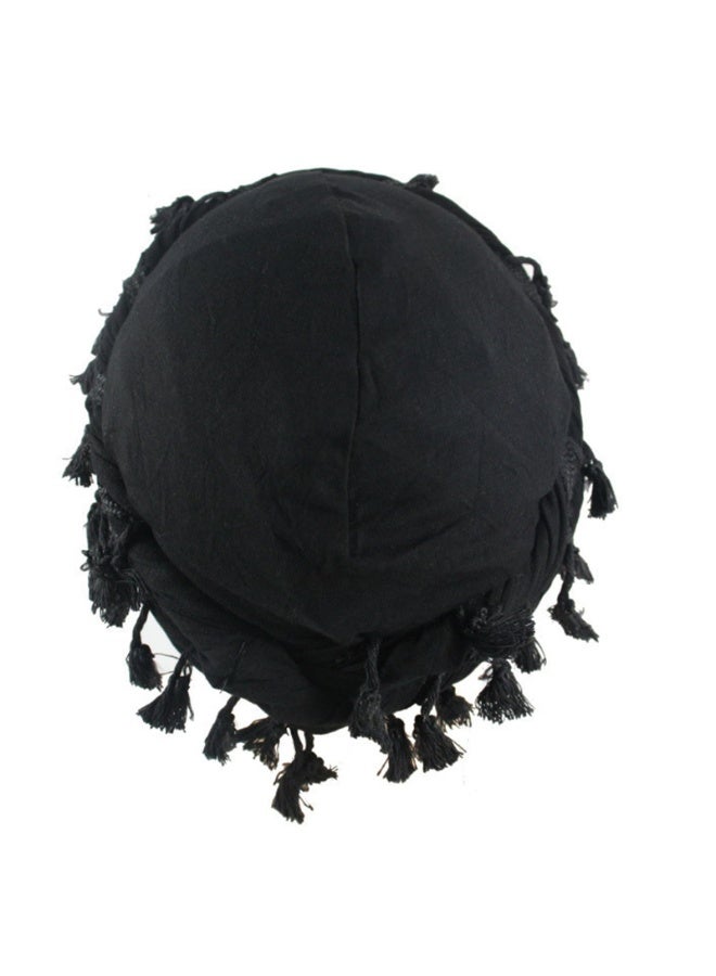Men's Black Satin Lined Turban Head Wrap with Tassel Trim, Pre-Tied Stretch Sleeping Durag Cap - Image 4