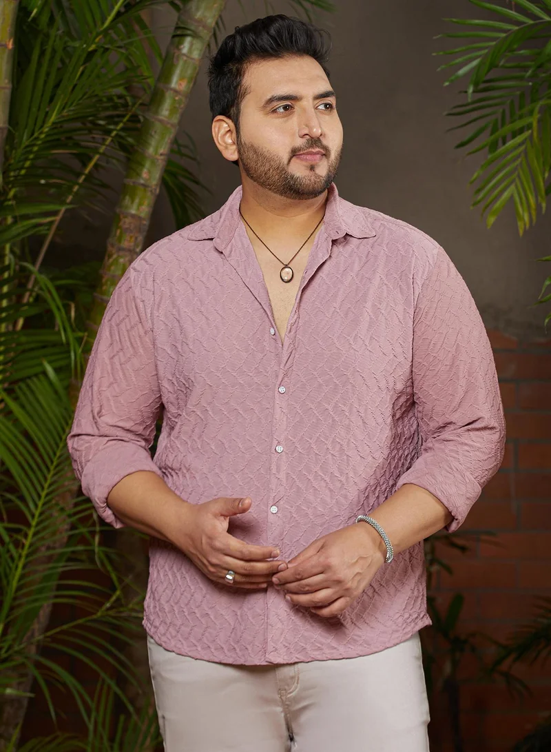 Instafab Plus Instafab Plus Men's Flamingo Pink Herringbone-Tactile Shirt For Casual Wear | Spread Collar | Long Cuffed Sleeves | Button Closure | Plus Size Shirt Crafted With Comfort Fit For Everyday Wear
